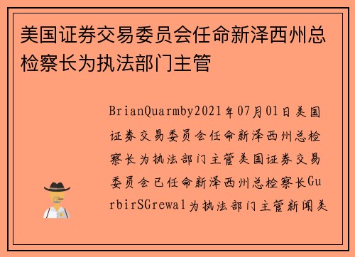 美国证券交易委员会任命新泽西州总检察长为执法部门主管 